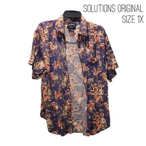 Purple rose floral button down shirt sleeve collared blouse ladies size 1X
